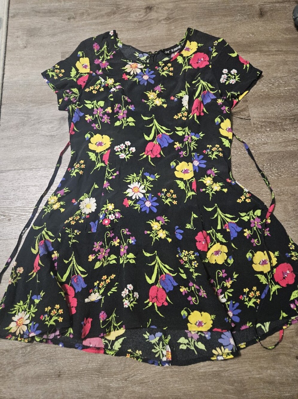 Betsey Johnson Black Floral Short-Sleeve Fit-and-Flare Dress